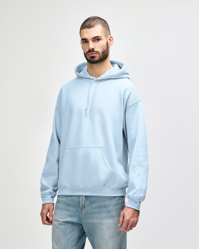 A light blue hooded sweatshirt with a front pocket and drawstrings, featuring a logo.