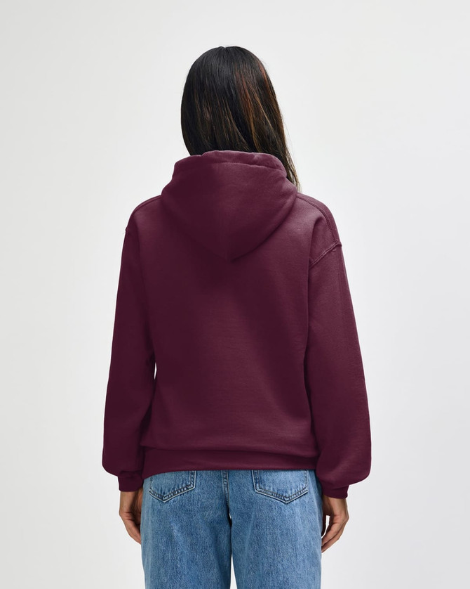 A maroon hooded sweatshirt with a plain back, featuring a logo on the front.