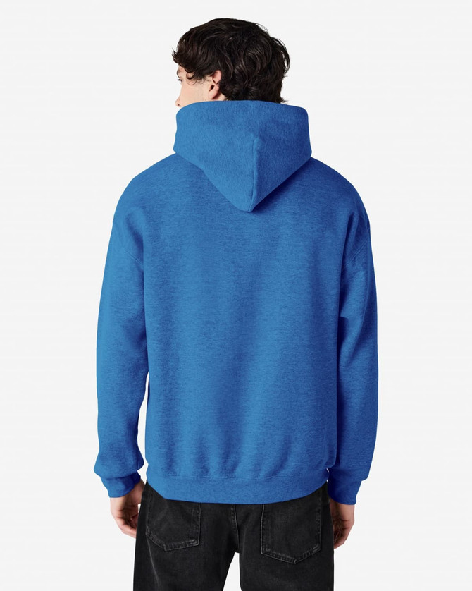 A blue hooded sweatshirt with a kangaroo pocket and a logo on the back.