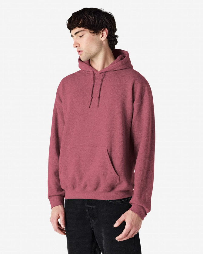 A maroon hooded sweatshirt with a front pocket and a drawstring hood, featuring a logo.