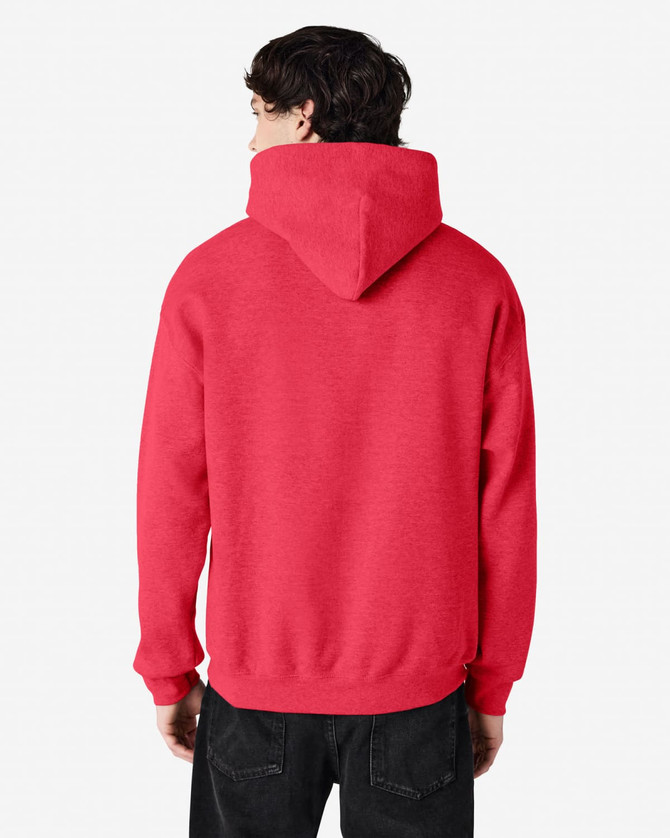 A red Gildan Heavy Blend Adult Hooded Sweatshirt viewed from the back, featuring a hood and a simple design.