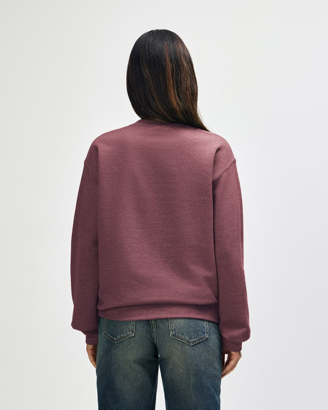 A maroon hooded sweatshirt with a relaxed fit, featuring a logo, viewed from the back on a model.
