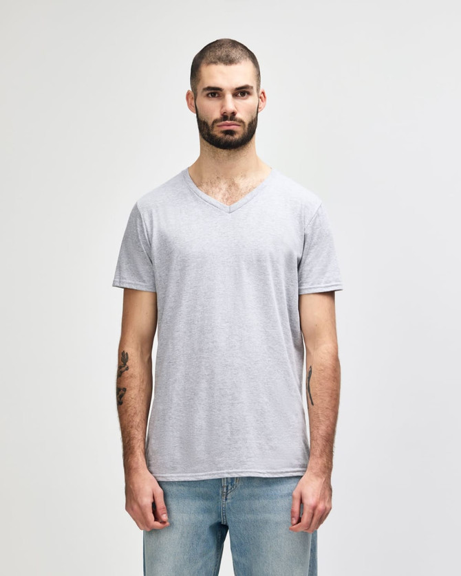 A grey adult v-neck t-shirt on a mannequin, featuring short sleeves and a logo.