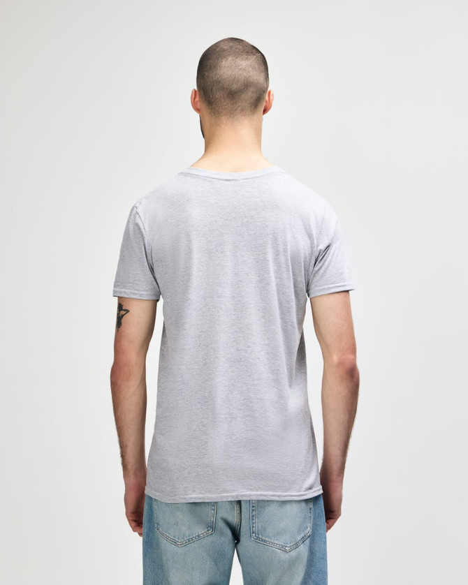 A grey Gildan Softstyle adult v-neck t-shirt displayed from the back, featuring a plain design and a logo.