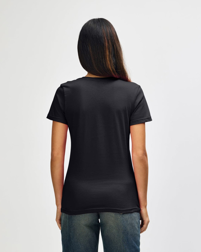 A black Gildan Softstyle ladies' V-neck T-shirt displayed from the back on a model.