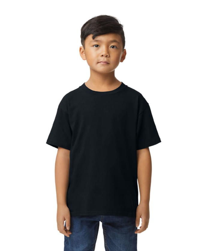 A black youth midweight T-shirt displayed on a child, featuring a crew neck and short sleeves.