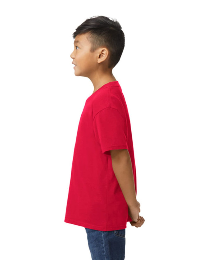 A red youth midweight T-shirt viewed from the back, featuring a plain design and a branding logo.