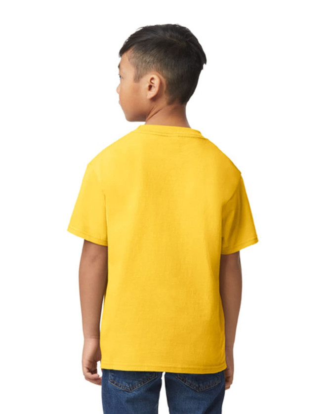 A yellow Gildan Softstyle Youth Midweight T-Shirt displayed on a child from the side, featuring short sleeves and a loose fit.
