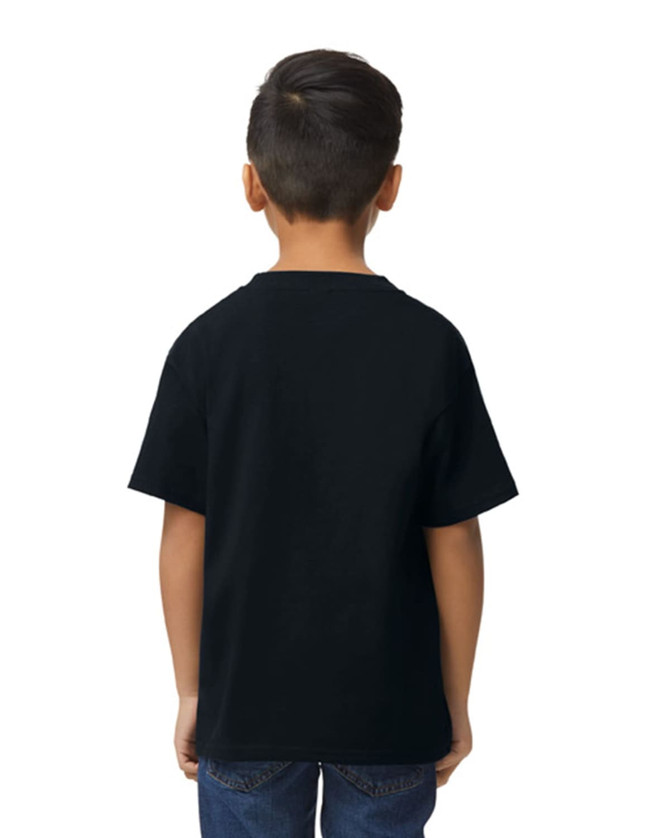 A black youth t-shirt displayed from the back, featuring a simple design and short sleeves.