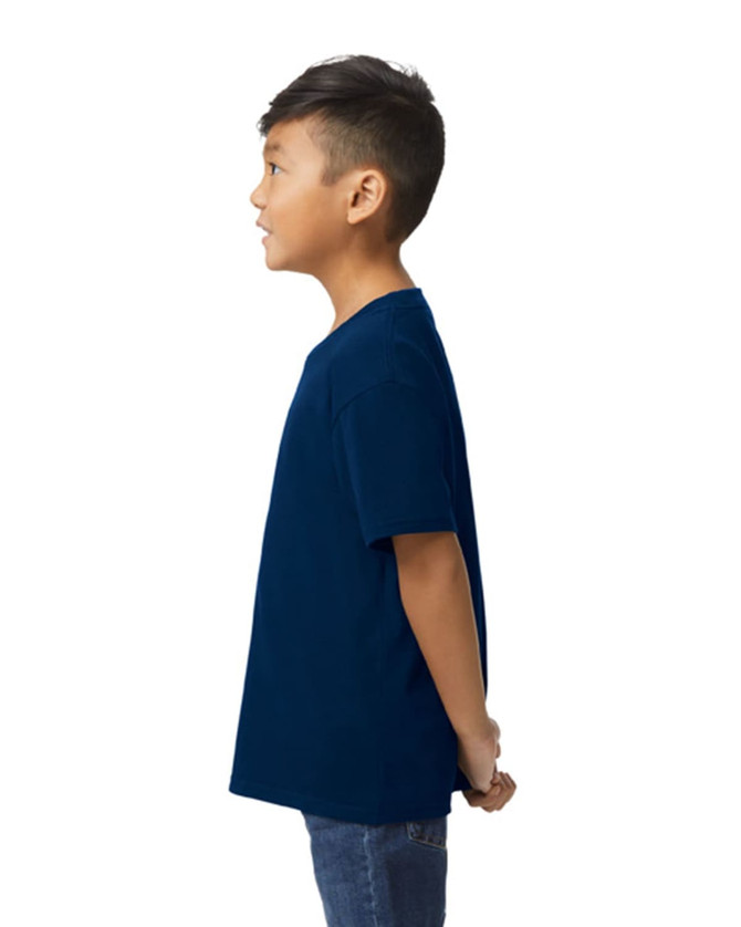 A youth midweight T-shirt in navy blue, displayed on a child from the side, with a logo on the shirt.