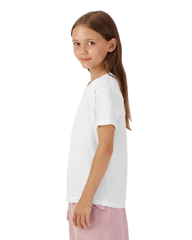 A youth short sleeve t-shirt in white, displayed on a model with long brown hair, featuring a simple design.