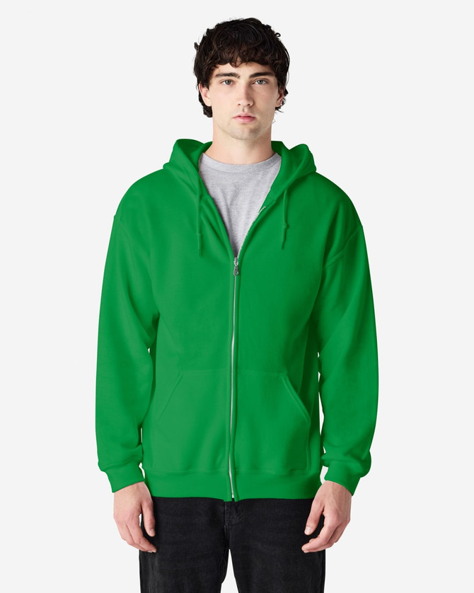 A green full zip hooded sweatshirt on a model, featuring a front zip and hood. Contains a logo.