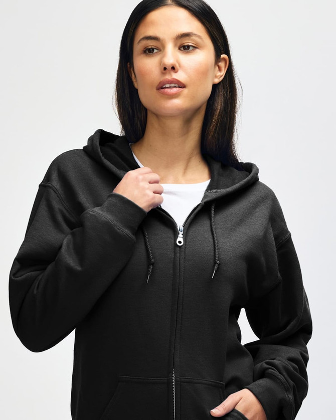 A black full zip hooded sweatshirt worn by a young man, featuring a logo on the front.