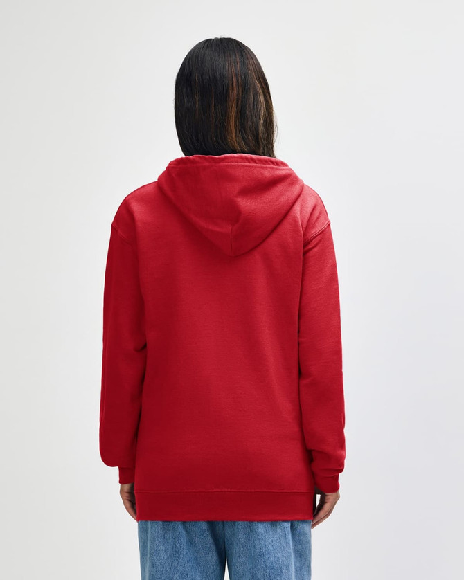 A red Gildan Heavy Blend adult full zip hooded sweatshirt with a hood, viewed from the back.