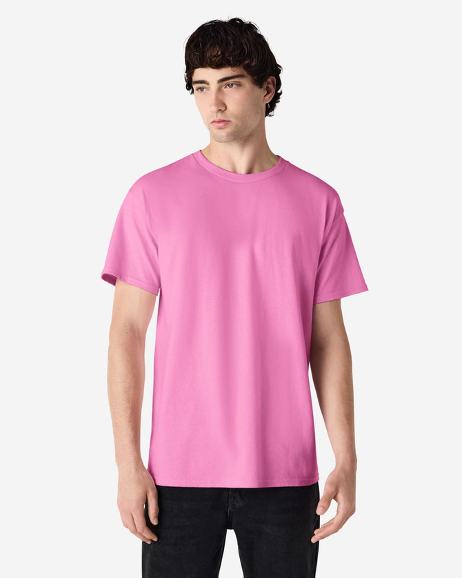 A pink Gildan Ultra Cotton adult t-shirt displayed on a model against a plain background.