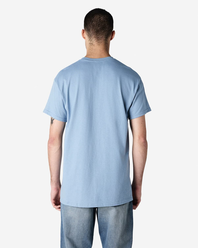 A light blue adult T-shirt, featuring a simple design and a logo on the back.