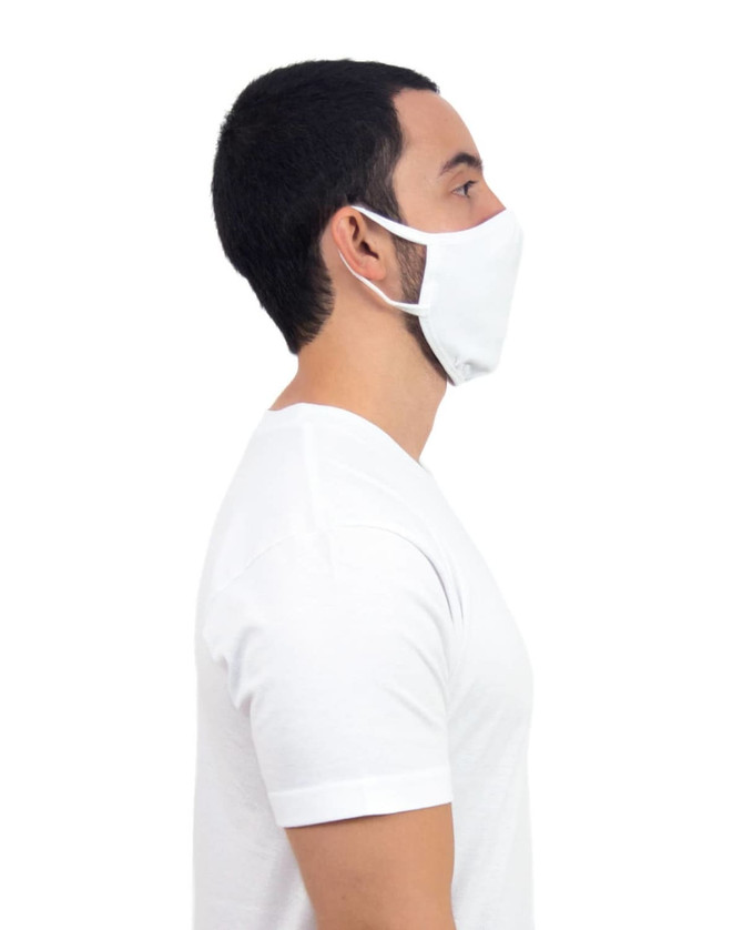 A white non-medical face mask worn by a person in profile, with ear straps for support.