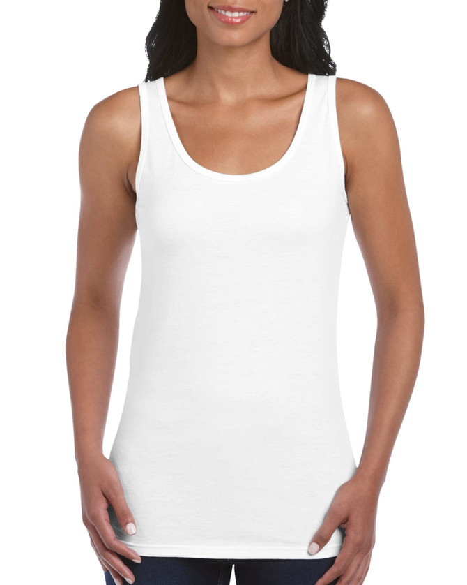 A white ladies' tank top with a scoop neckline, featuring a fitted design and a logo on the label.