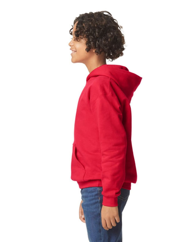A red youth hooded sweatshirt with a kangaroo pocket, shown from the side on a person with curly hair.