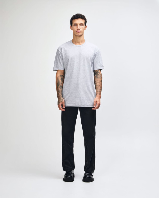 A unisex fine jersey short sleeve T-shirt in grey, featuring a simple design and a logo.