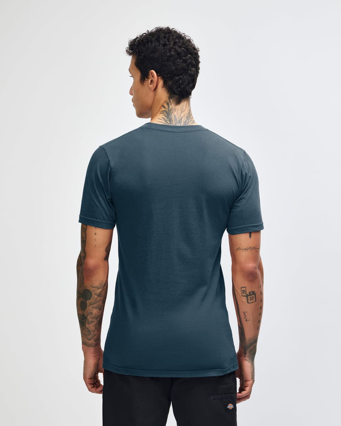 A unisex short sleeve t-shirt in dark navy blue, featuring a plain back view and a logo.