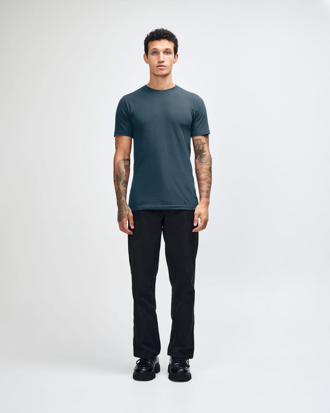 A unisex fine jersey short sleeve t-shirt in a dark teal colour, featuring a logo.