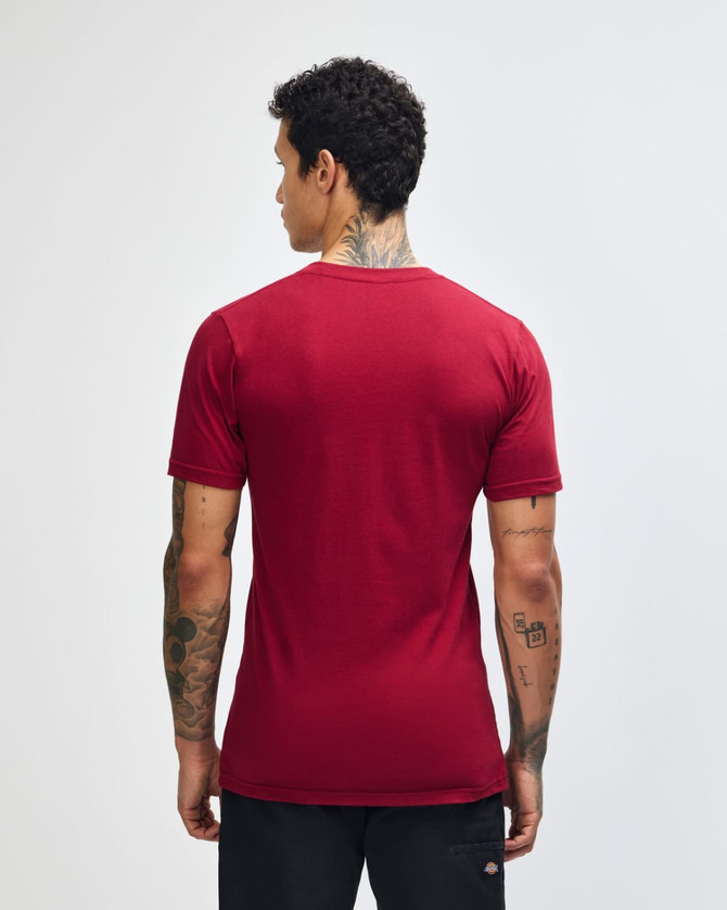 A maroon unisex short sleeve t-shirt with a plain back view. Features a logo on the neck area.