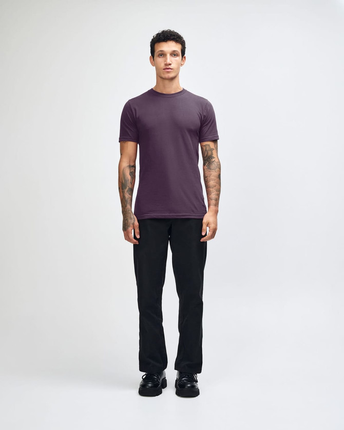 A unisex fine jersey short sleeve t-shirt in a deep purple colour, featuring a logo.