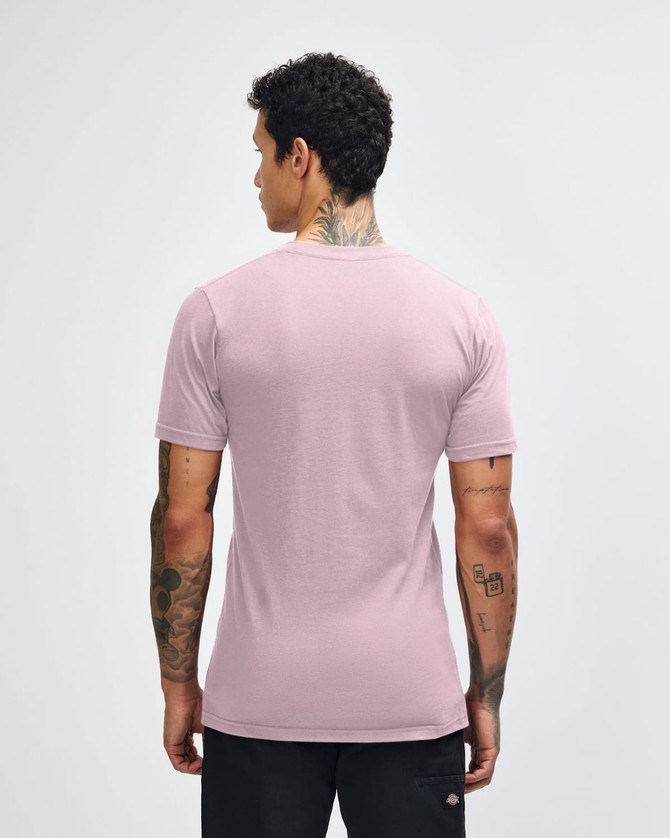 A unisex fine jersey short sleeve T-shirt in mauve, featuring a simple design and a logo on the back.