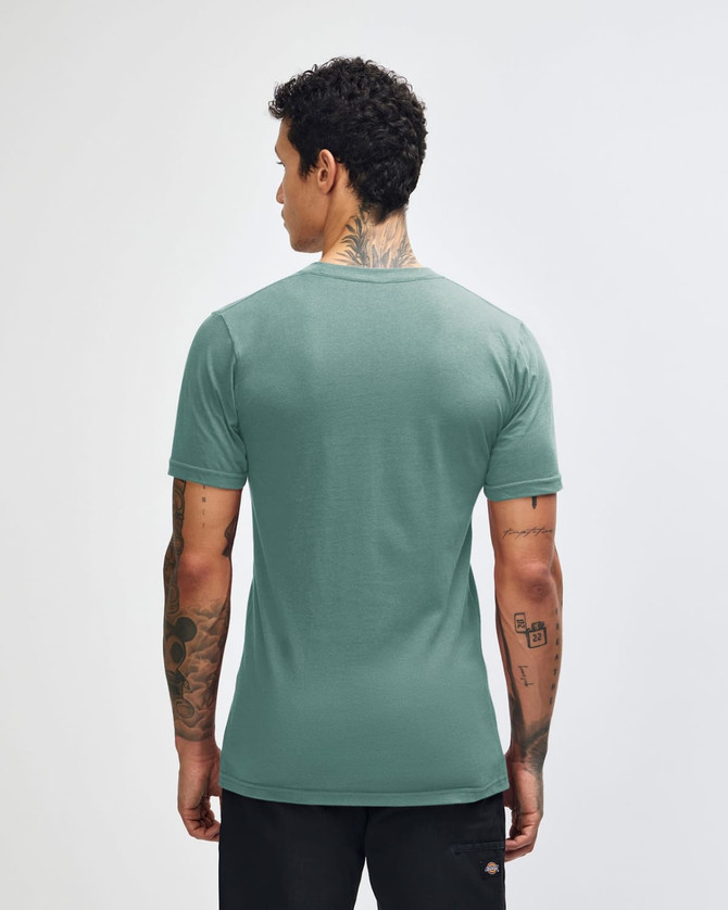 A unisex fine jersey short sleeve t-shirt in a turquoise colour, featuring a logo on the back.