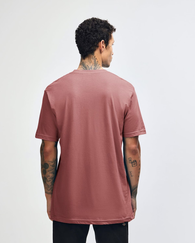 A back view of a pink unisex short sleeve T-shirt, featuring a simple design and casual fit.