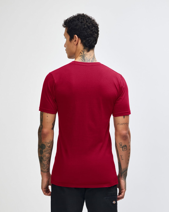 A unisex short sleeve t-shirt in red with a plain back view and a logo on the tag.