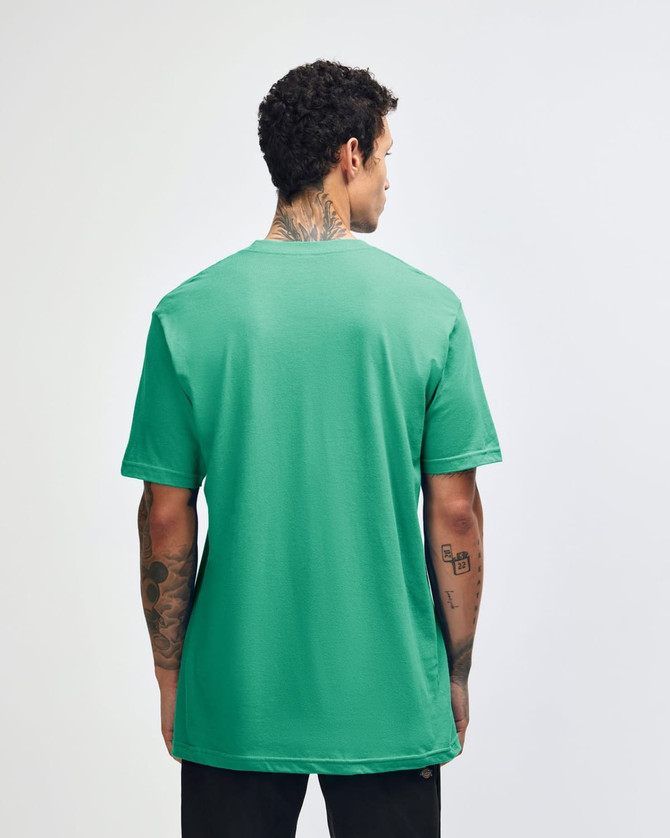 A unisex fine jersey short sleeve T-shirt in a vibrant turquoise colour, featuring a simple design and a branding logo.