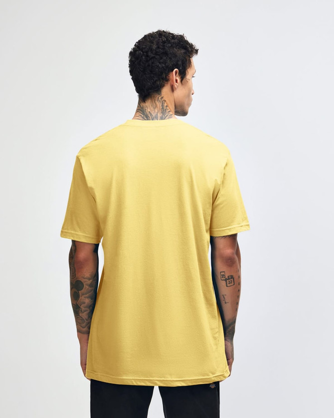 A unisex fine jersey short sleeve t-shirt in bright yellow, viewed from the back. It features a logo.