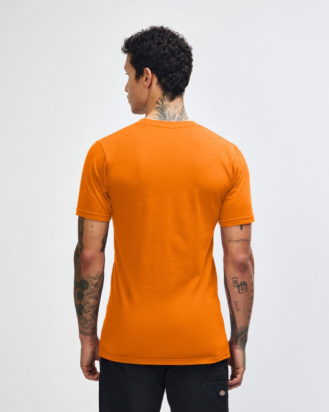 An orange unisex short sleeve t-shirt featuring a logo on the back.
