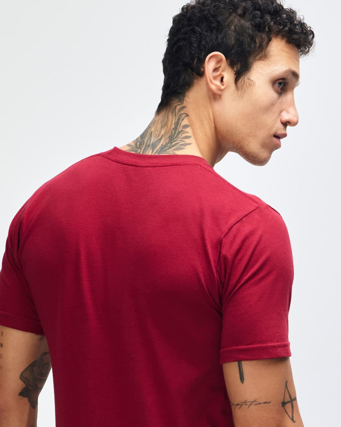 A model wears a maroon unisex fine jersey short sleeve T-shirt paired with blue jeans. The T-shirt features a logo.