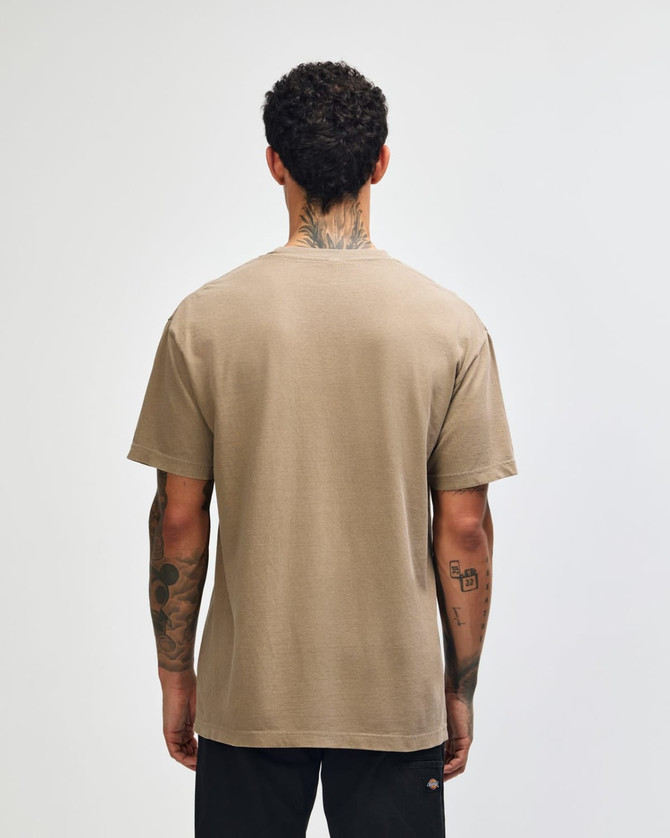 A unisex heavyweight cotton T-shirt in a muted brown colour, featuring a simple design and no visible branding on the back.