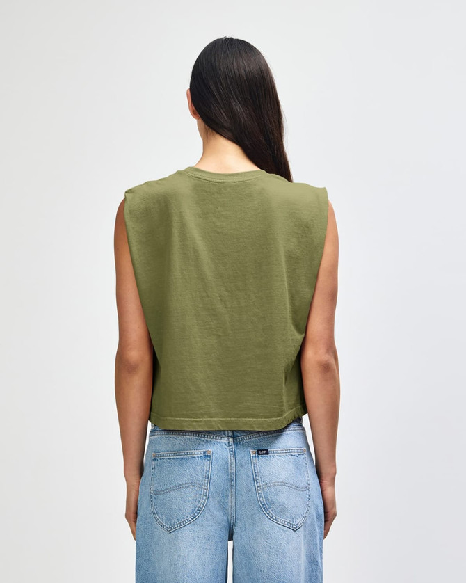 A green women's muscle t-shirt with a cropped design, featuring cap sleeves and a plain back view.