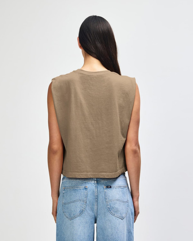 A cropped muscle t-shirt in a muted brown colour, featuring sleeveless design and a simple back view.
