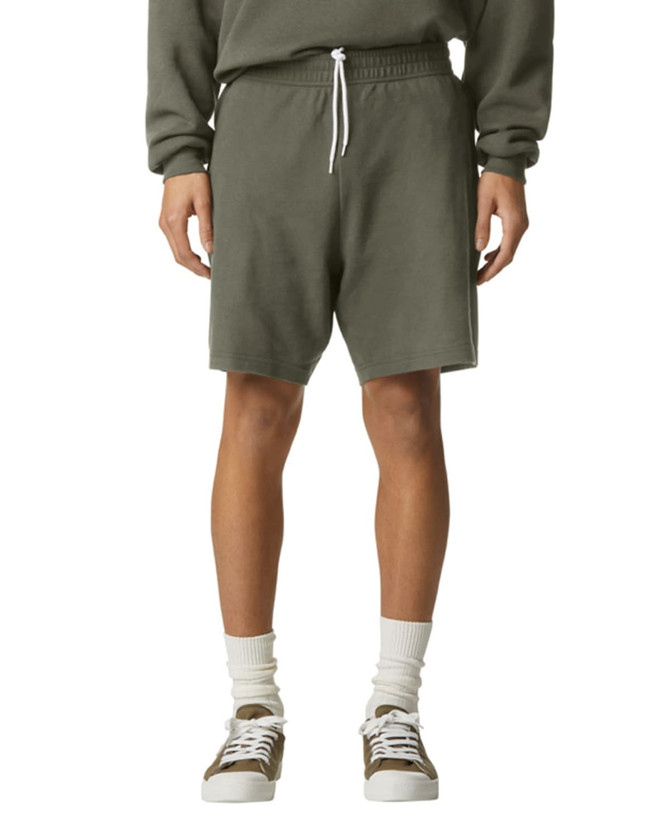 Unisex pique gym shorts in olive green with an elastic waistband and drawstring. Features a logo on the shorts.