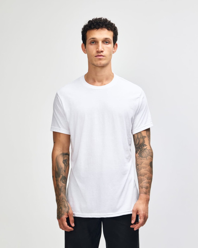 A unisex short sleeve T-shirt in white, featuring a classic fit and a logo.
