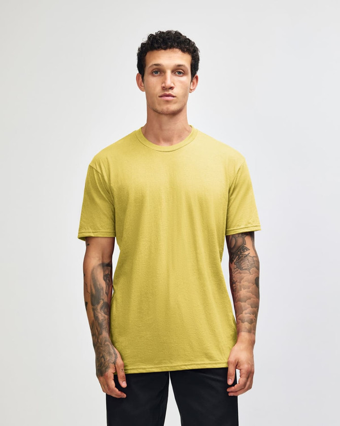 A unisex short sleeve t-shirt in a vibrant yellow colour, featuring a plain design and a logo.