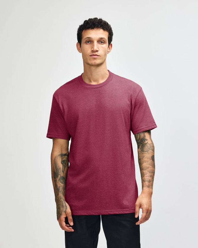 A unisex short sleeve T-shirt in burgundy with a simple design and a logo.