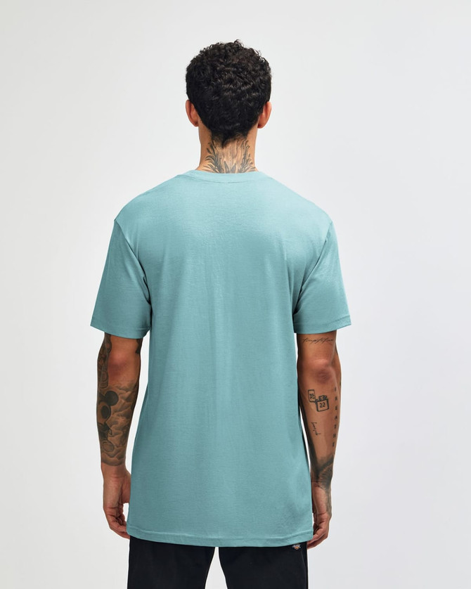 A unisex short sleeve t-shirt in light teal, featuring a plain back and a branding logo.