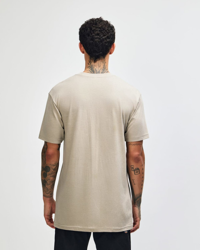 A unisex short sleeve T-shirt in a muted beige colour with a plain back view. The shirt has a branding logo.