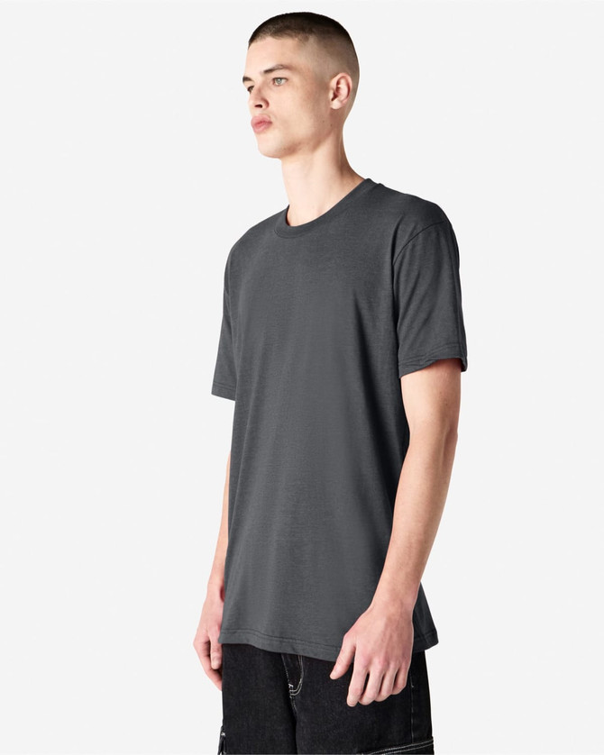 A unisex short sleeve t-shirt in dark grey, featuring a sleek design and a logo on the front.