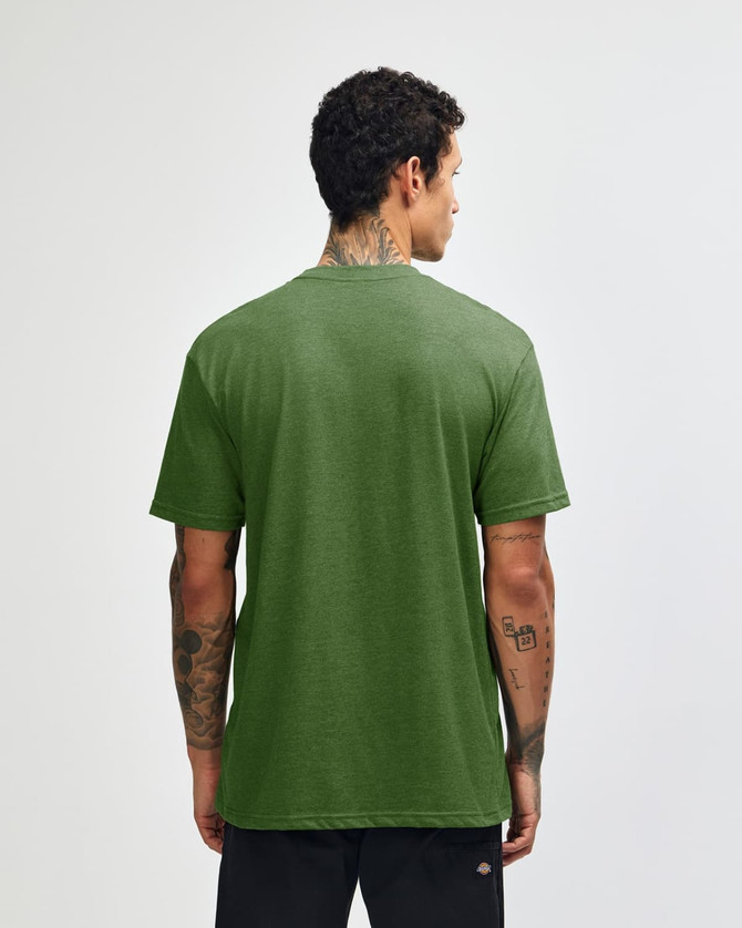 A green unisex short sleeve t-shirt with a plain back and no visible logos or designs.
