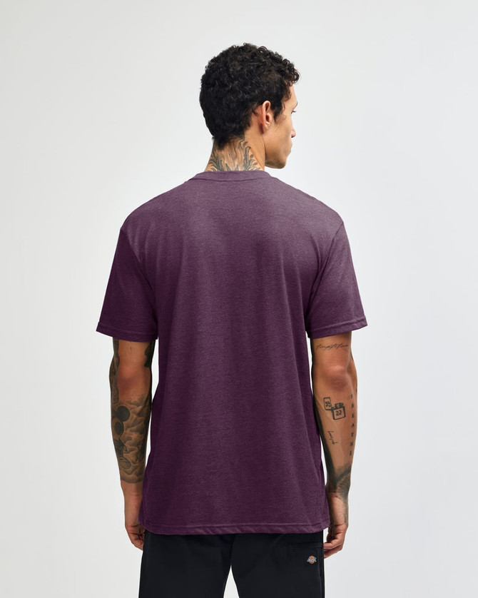 A unisex short sleeve t-shirt in a rich purple colour, featuring a simple design with a logo on the back.