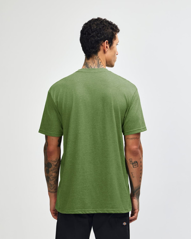 A unisex short sleeve T-shirt in green, featuring a plain back and a logo.