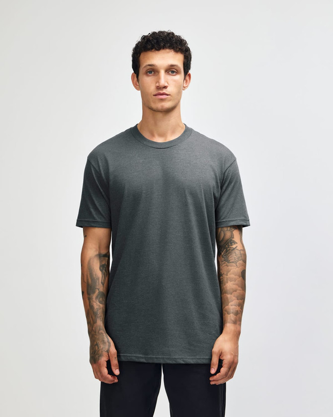 A unisex short sleeve T-shirt in dark grey, featuring a simple design and a logo on the front.